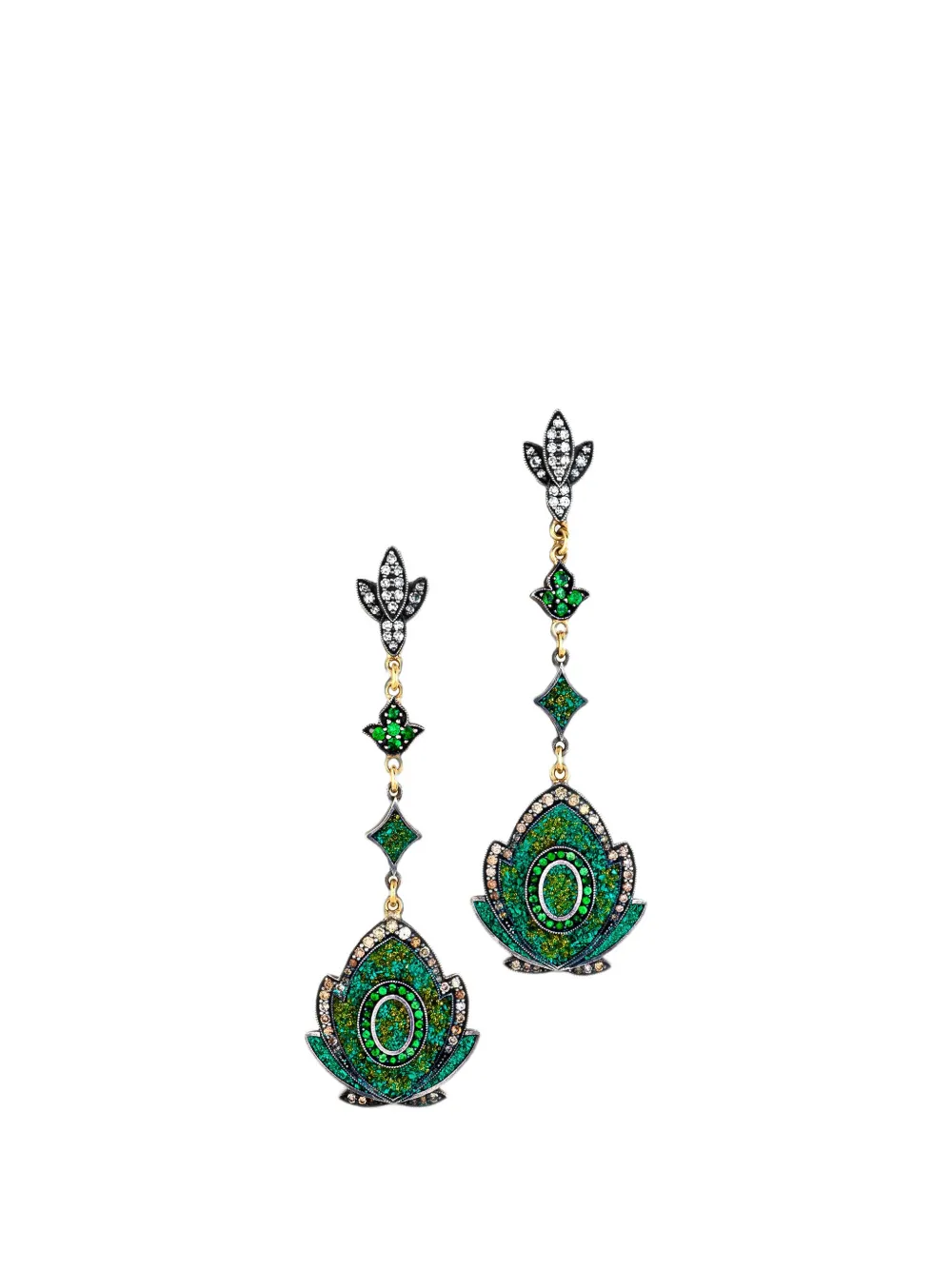 Sevan Bıçakçı embellished green garnet and diamond drop earrings - women - 24K Yellow Gold/Sterling Silver/Green Garnet/Yellow Diamond/Brown Diam...