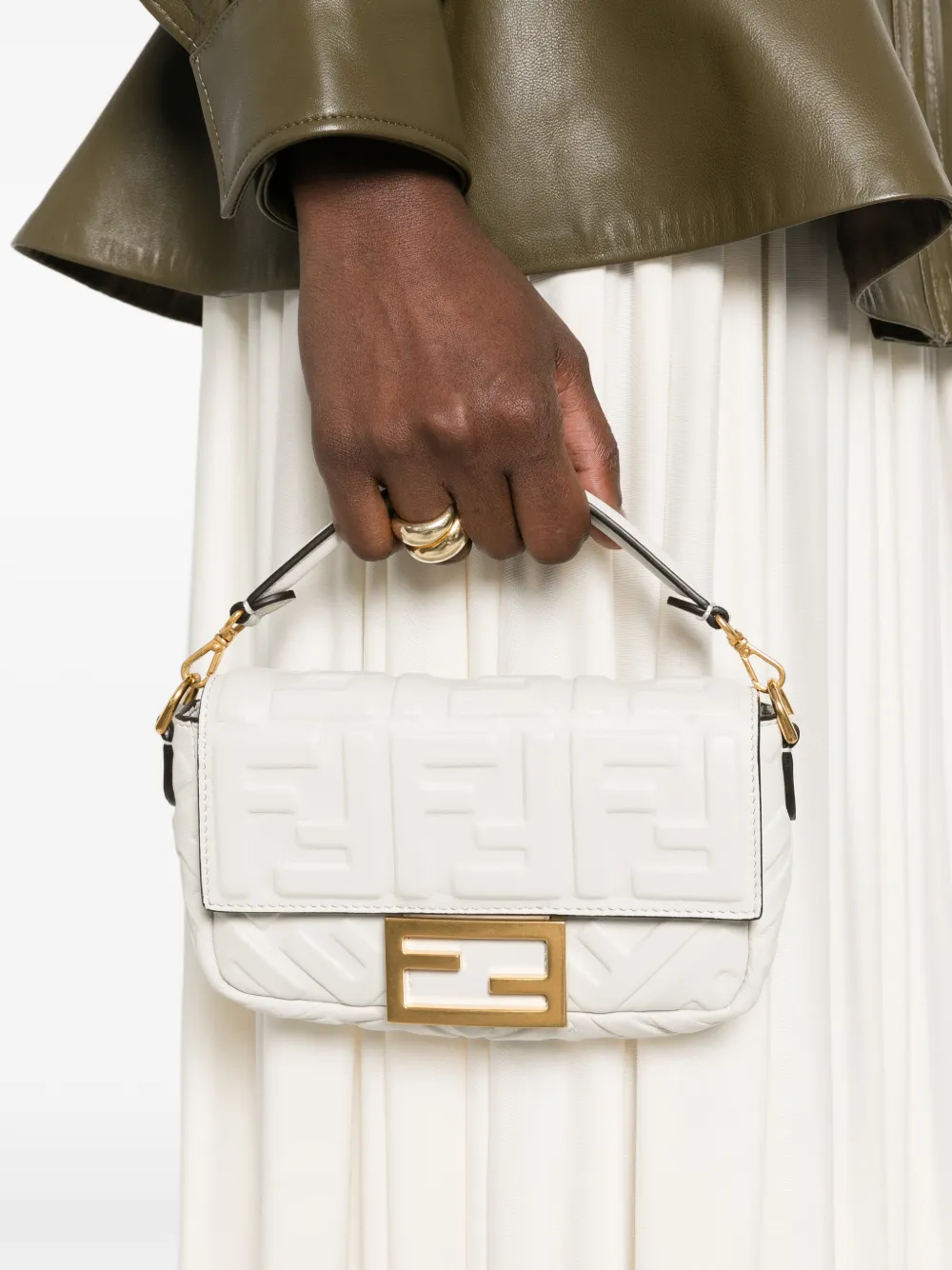 FENDI mini Baguette embossed-logo shoulder bag Wit