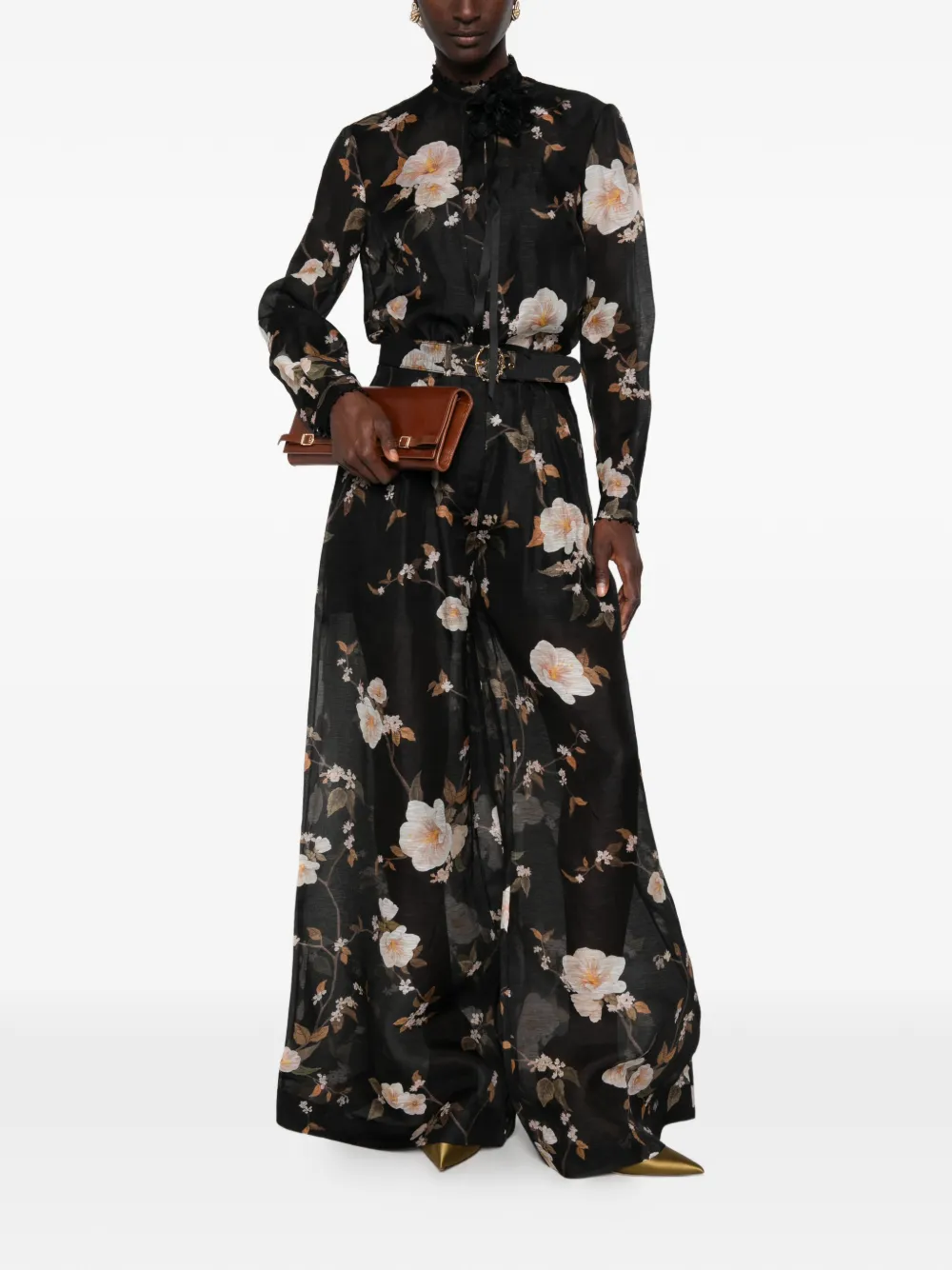 Zimmermann Ascent Floral-print Embellished Shirt In Black
