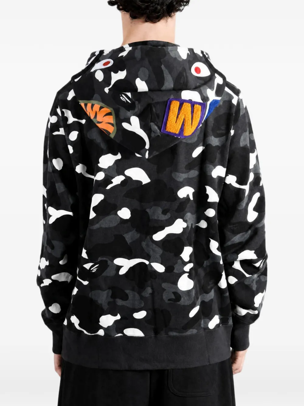 A BATHING APE Hoodie met haaienmotief en camouflage-print Zwart
