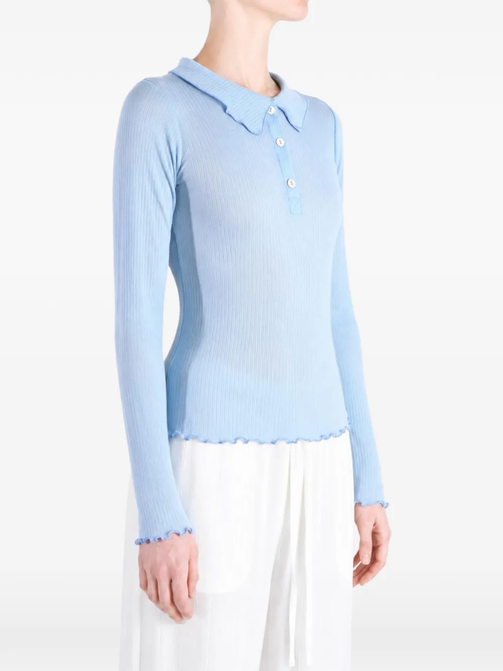 Baserange Geribbelde top met golvende afwerking Blauw