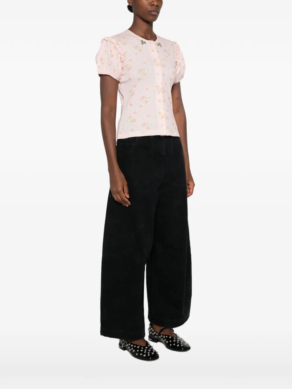 Simone Rocha T-shirt met bloemen-print en mouwen met ruches Roze