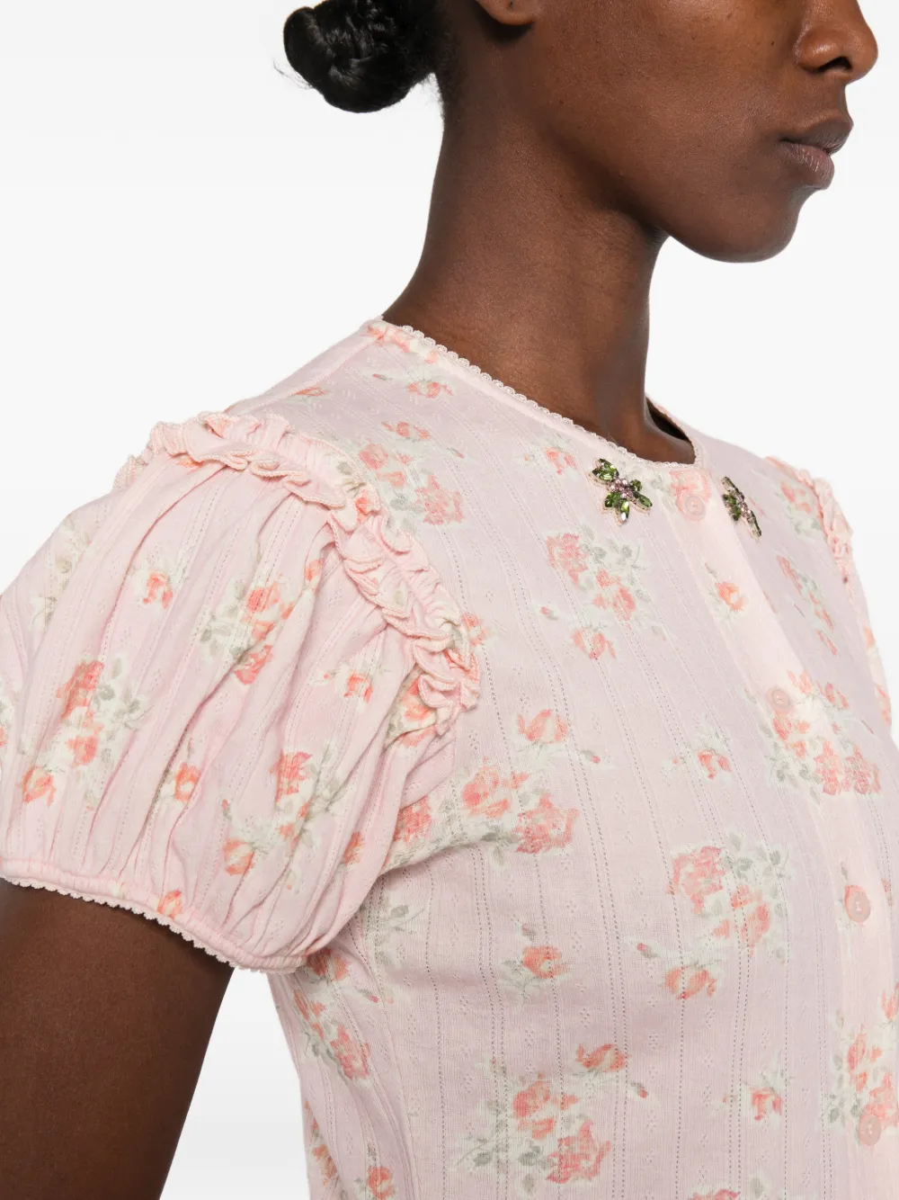 Simone Rocha T-shirt met bloemen-print en mouwen met ruches Roze