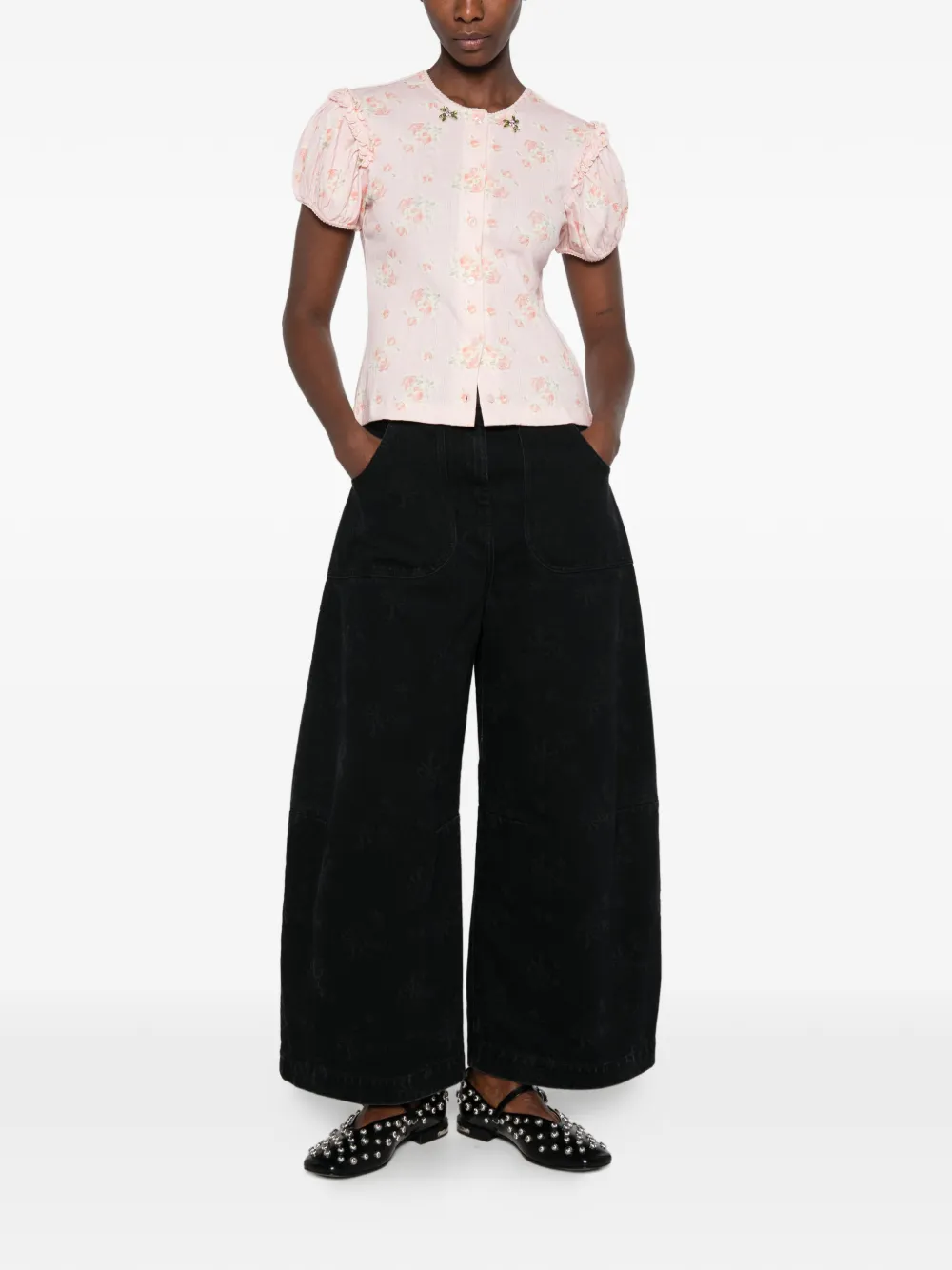 Simone Rocha T-shirt met bloemen-print en mouwen met ruches Roze