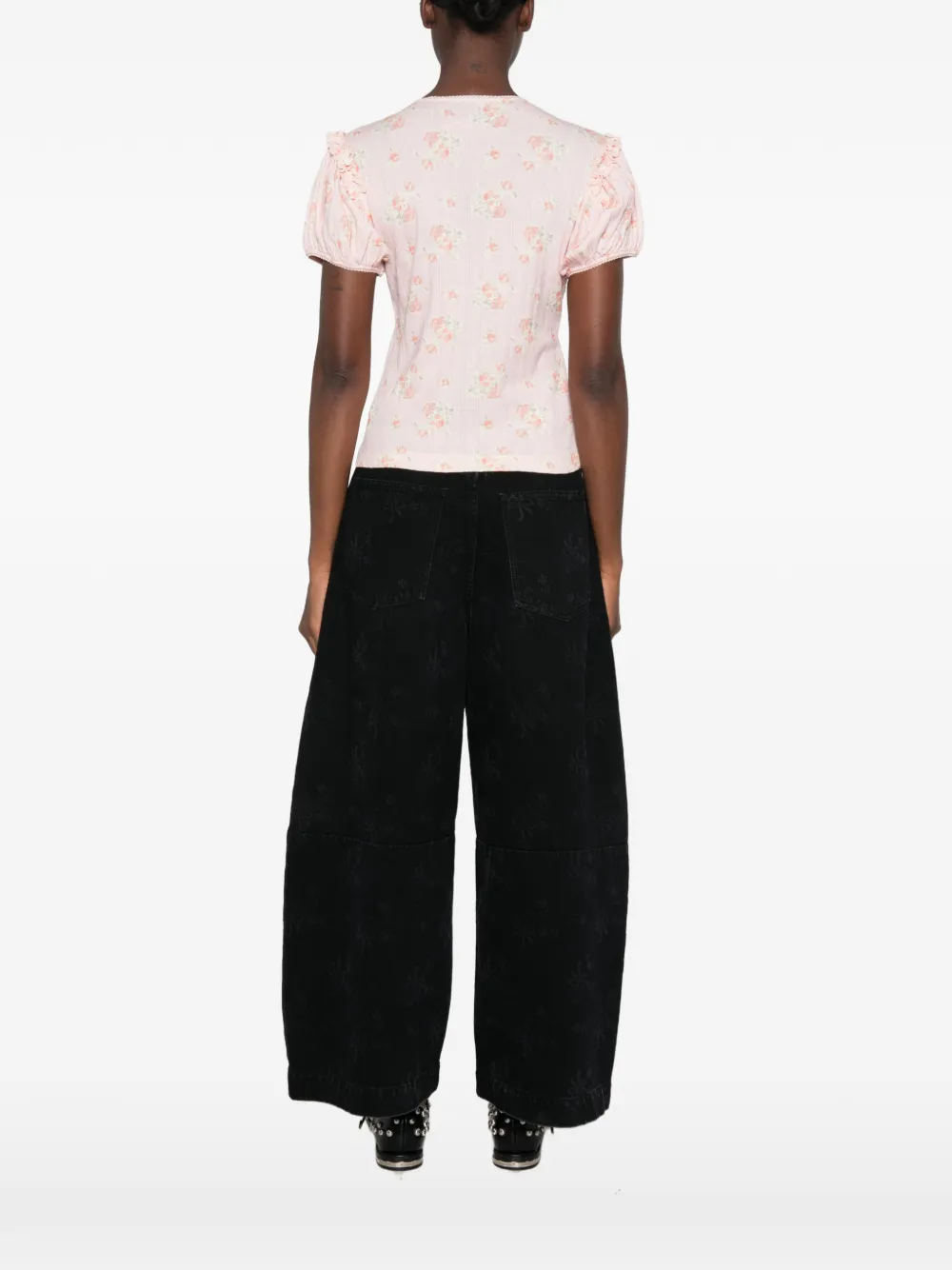 Simone Rocha T-shirt met bloemen-print en mouwen met ruches Roze