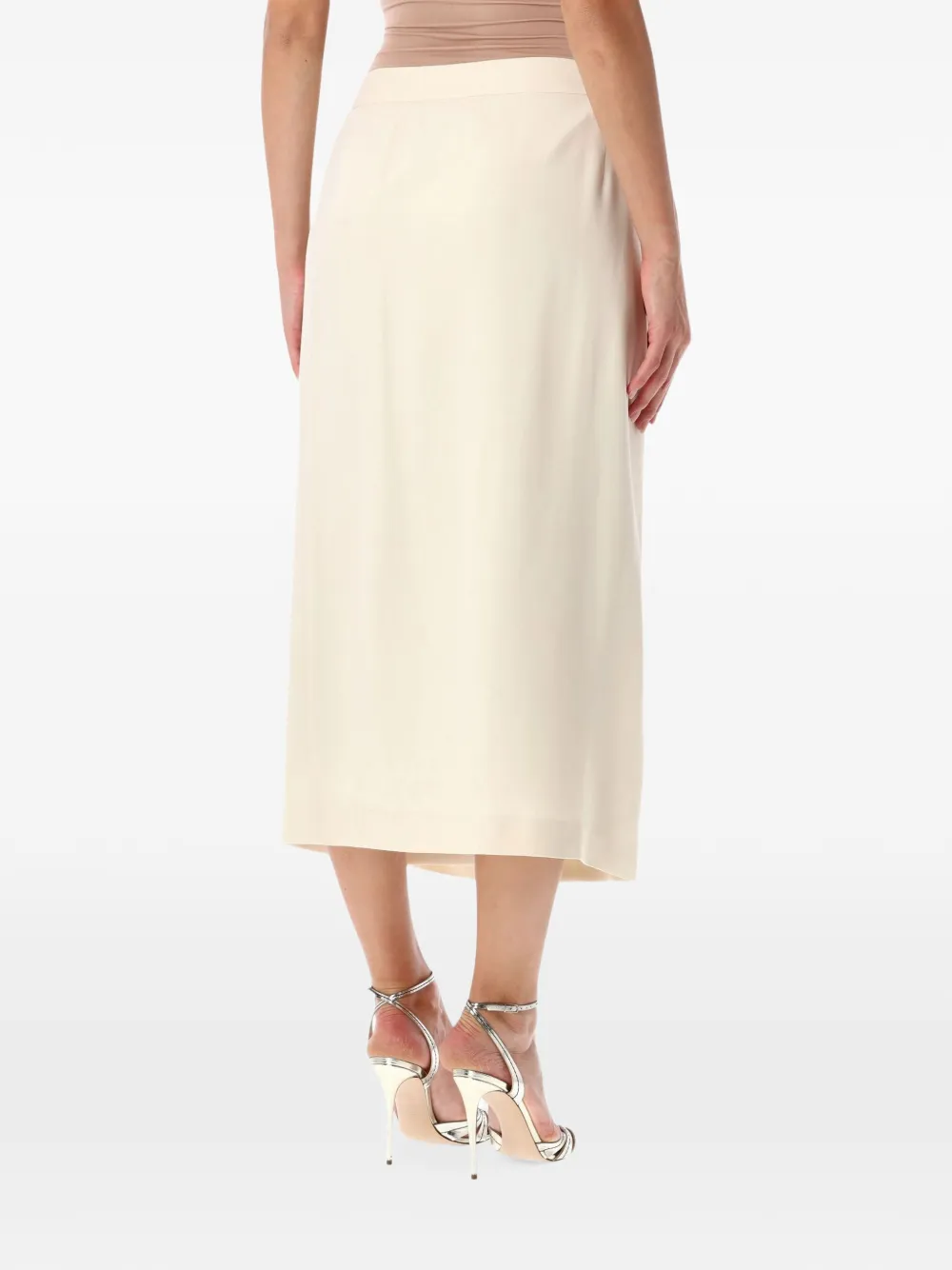 Alberta Ferretti feather-trim wrap midi skirt Beige