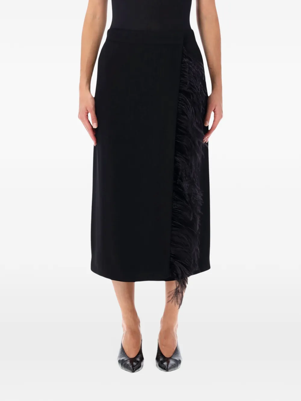 Alberta Ferretti feather-trim wrap midi skirt Zwart