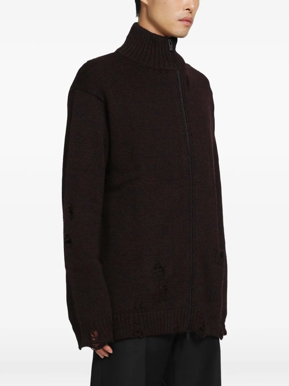 Yohji Yamamoto 5G 3PLY distressed high-neck cardigan Rood
