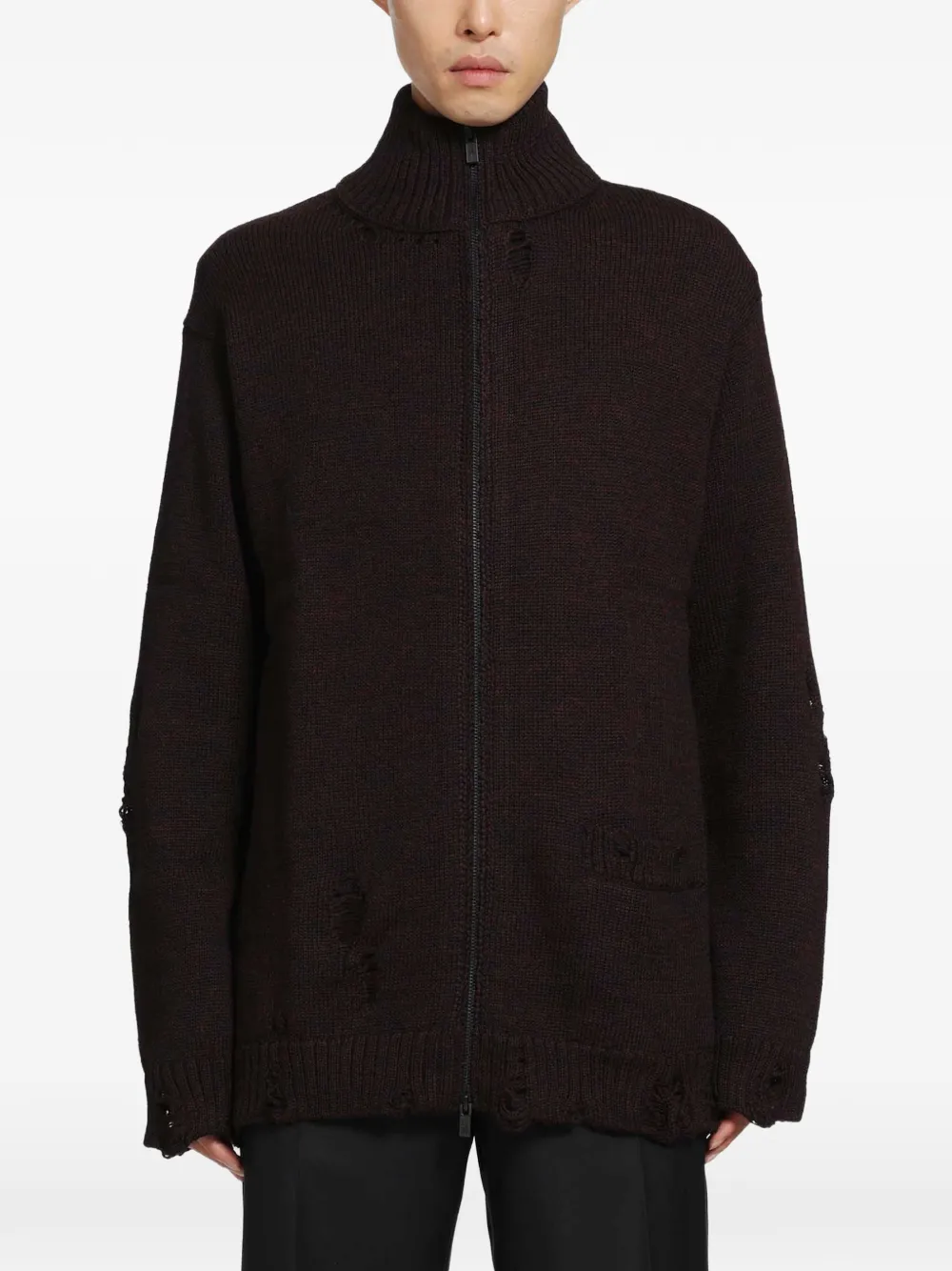 Yohji Yamamoto 5G 3PLY distressed high-neck cardigan - Red
