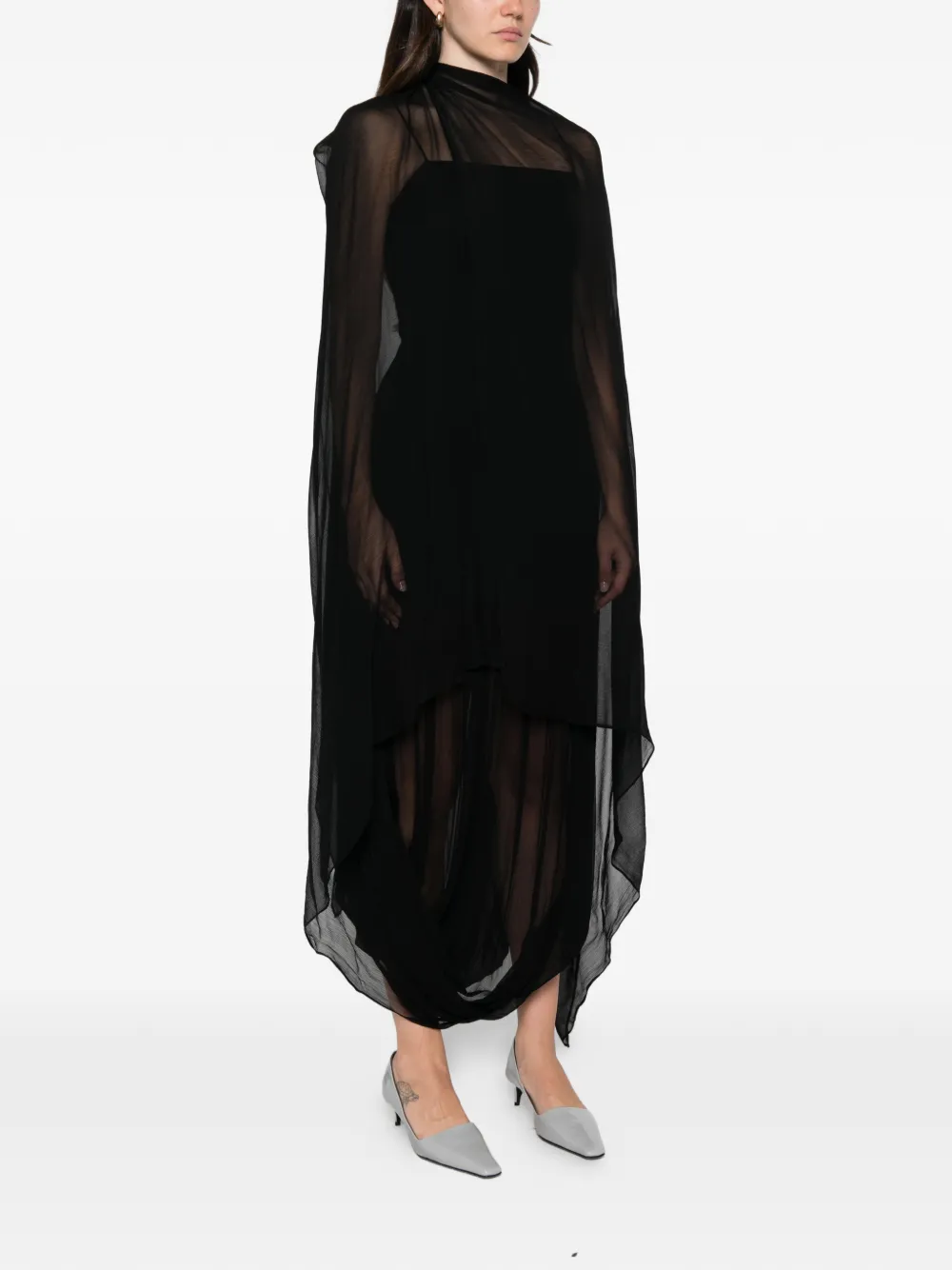 STAUD Viona sheer-panelled draped maxi dress Zwart