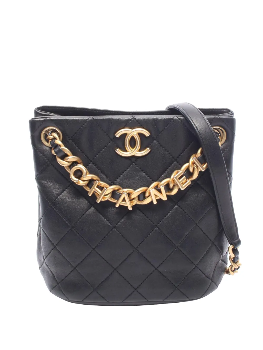 CHANEL Pre-Owned 2021-2026 Small Quilted Lambskin Chaine Lettre bucket bag - Nero