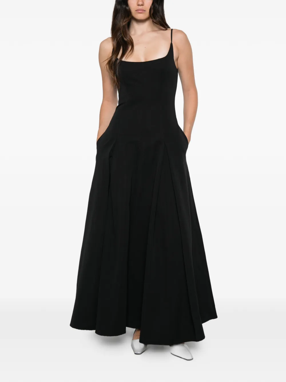 STAUD Jill pleated spaghetti-strap maxi dress Zwart