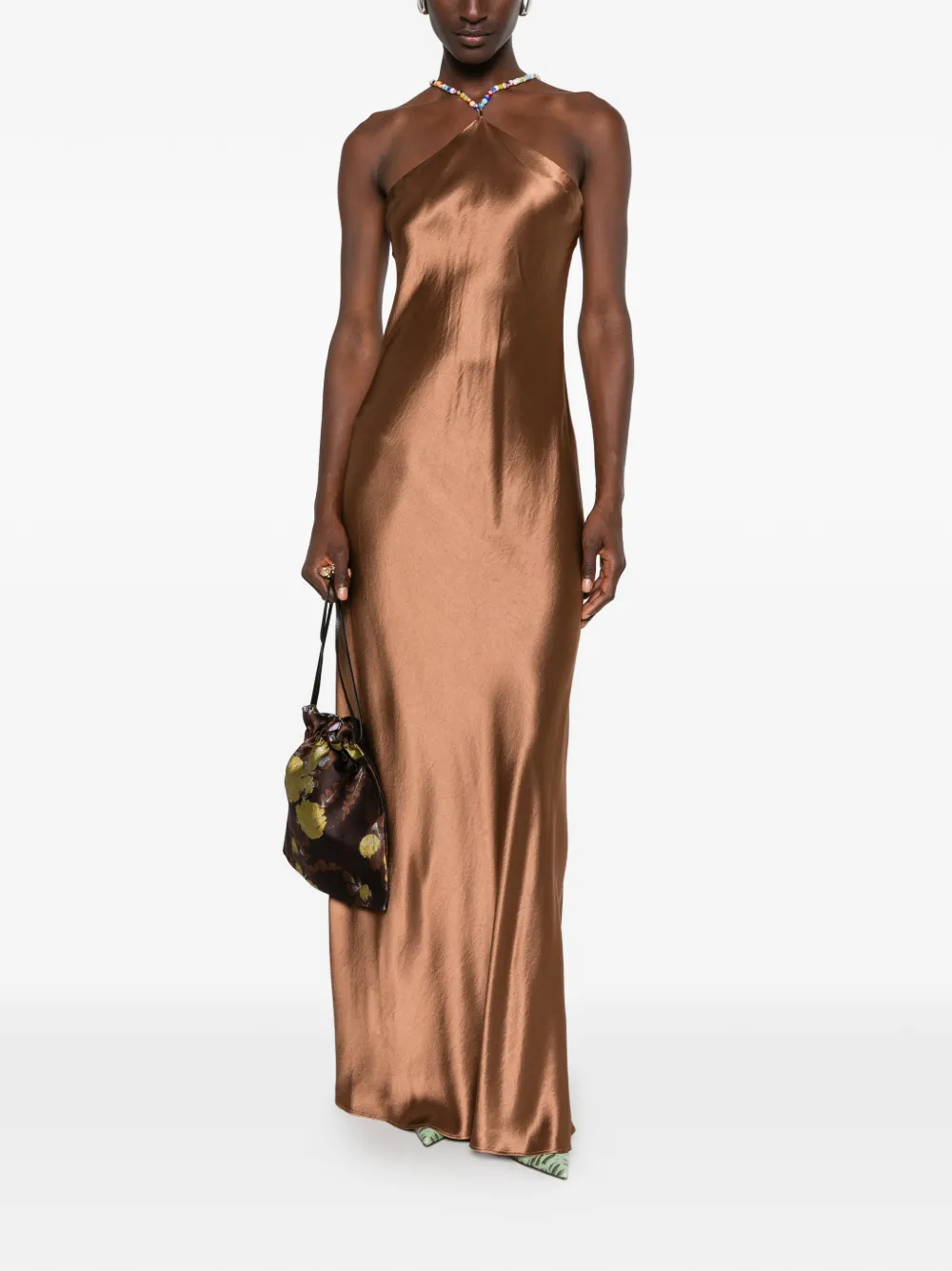 STAUD Cadene beaded-strap satin-finish maxi dress Bruin