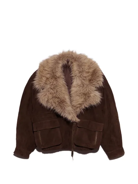 BIMBA Y LOLA chocolate leather double-breasted jacket with fur collar
