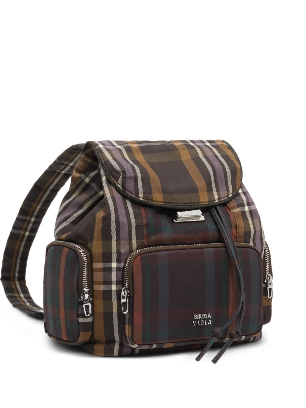 BIMBA Y LOLA large superwax chocolate and green tartan pocket backpack