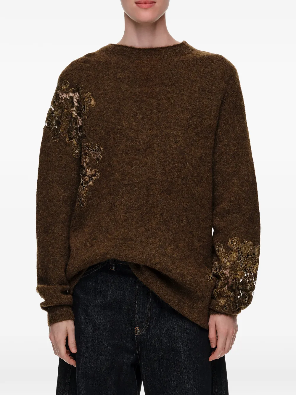 BIMBA Y LOLA olive alpaca high-neck sweater with lace detailing