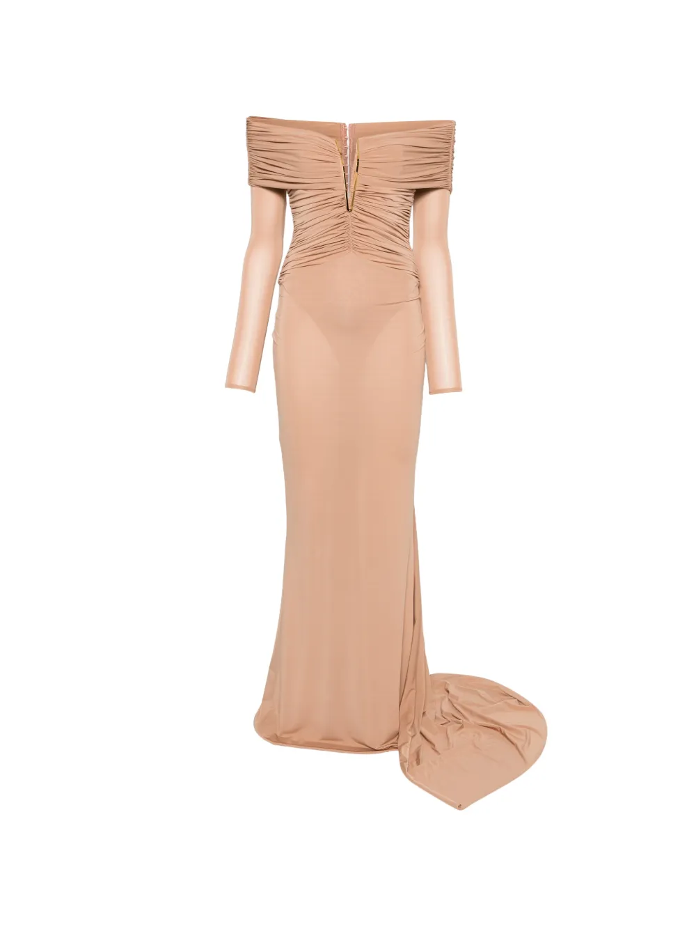 Elisabetta Franchi ruched off-shoulder maxi dress - Toni neutri
