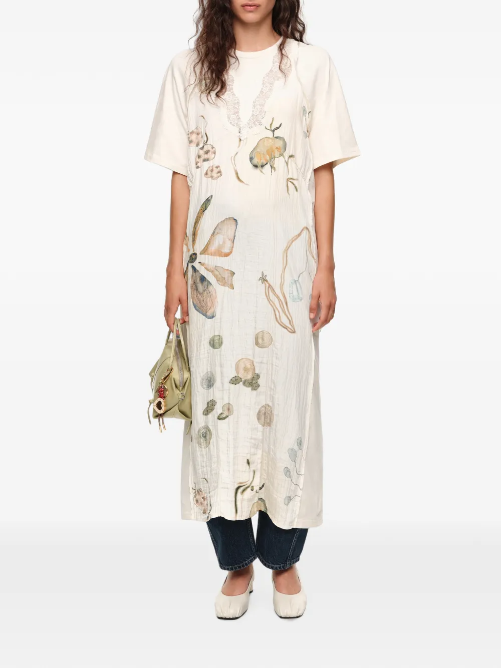 BIMBA Y LOLA Jurk met print en kanten details op het borststuk Beige