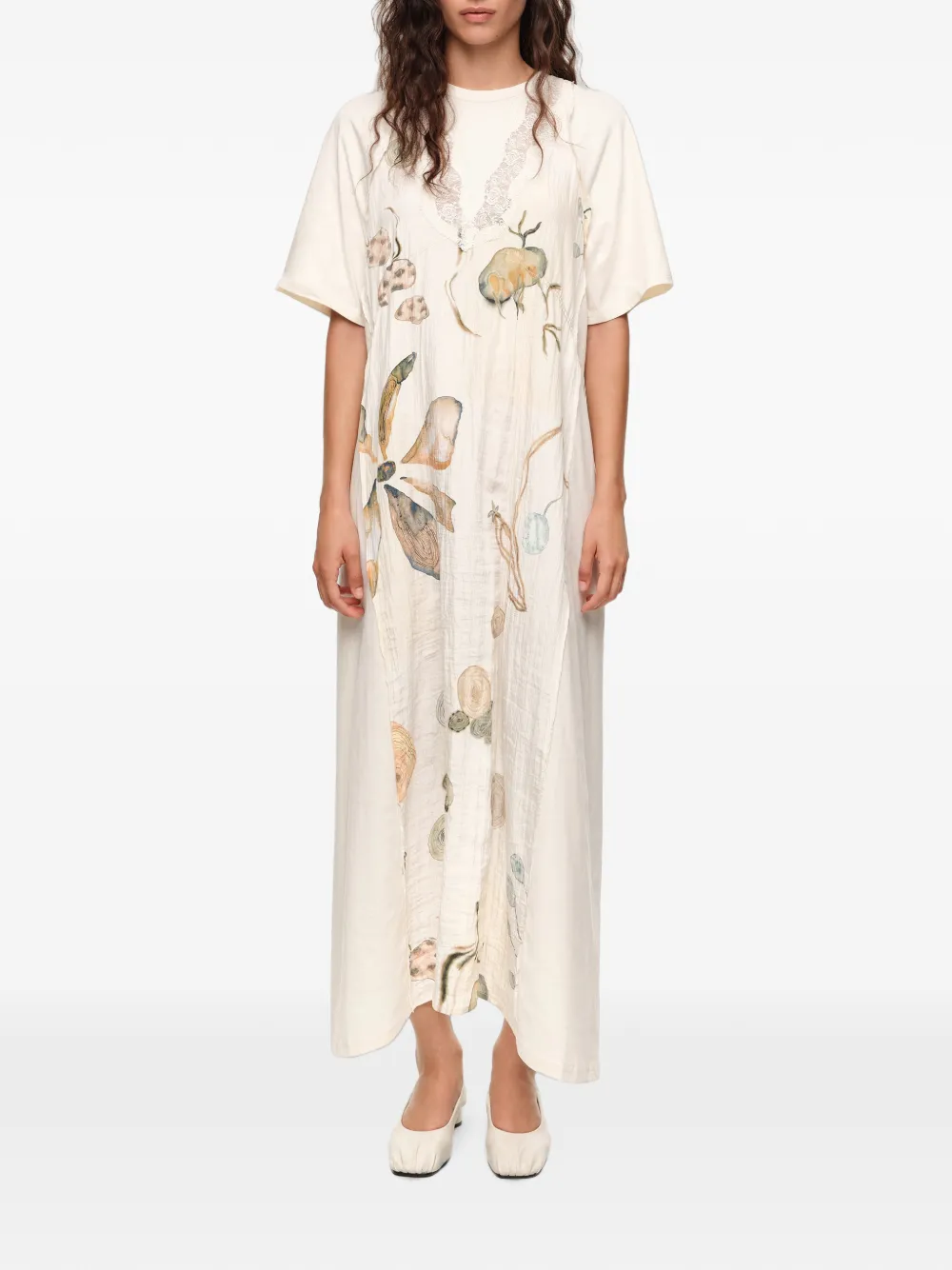 BIMBA Y LOLA Jurk met print en kanten details op het borststuk Beige