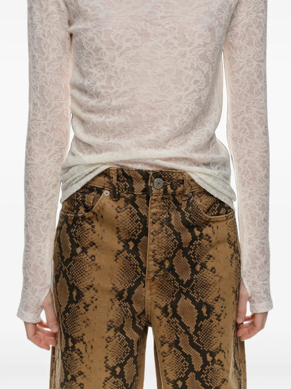BIMBA Y LOLA Barrel-ochre denim broek met 5 zakken en slangenprint Bruin