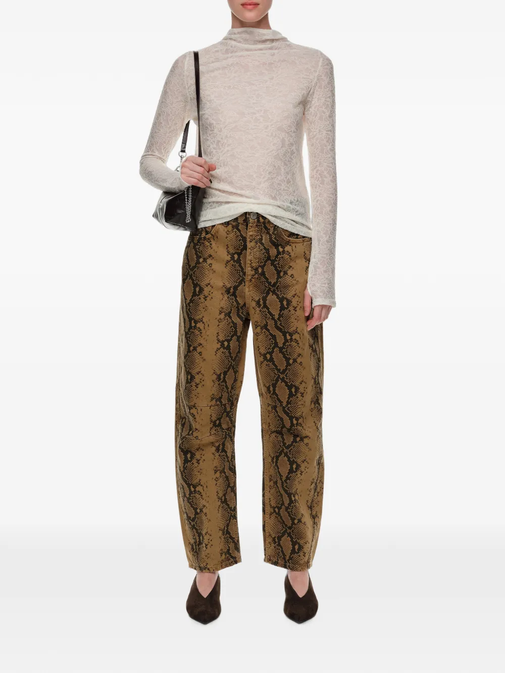 BIMBA Y LOLA Barrel-ochre denim broek met 5 zakken en slangenprint Bruin
