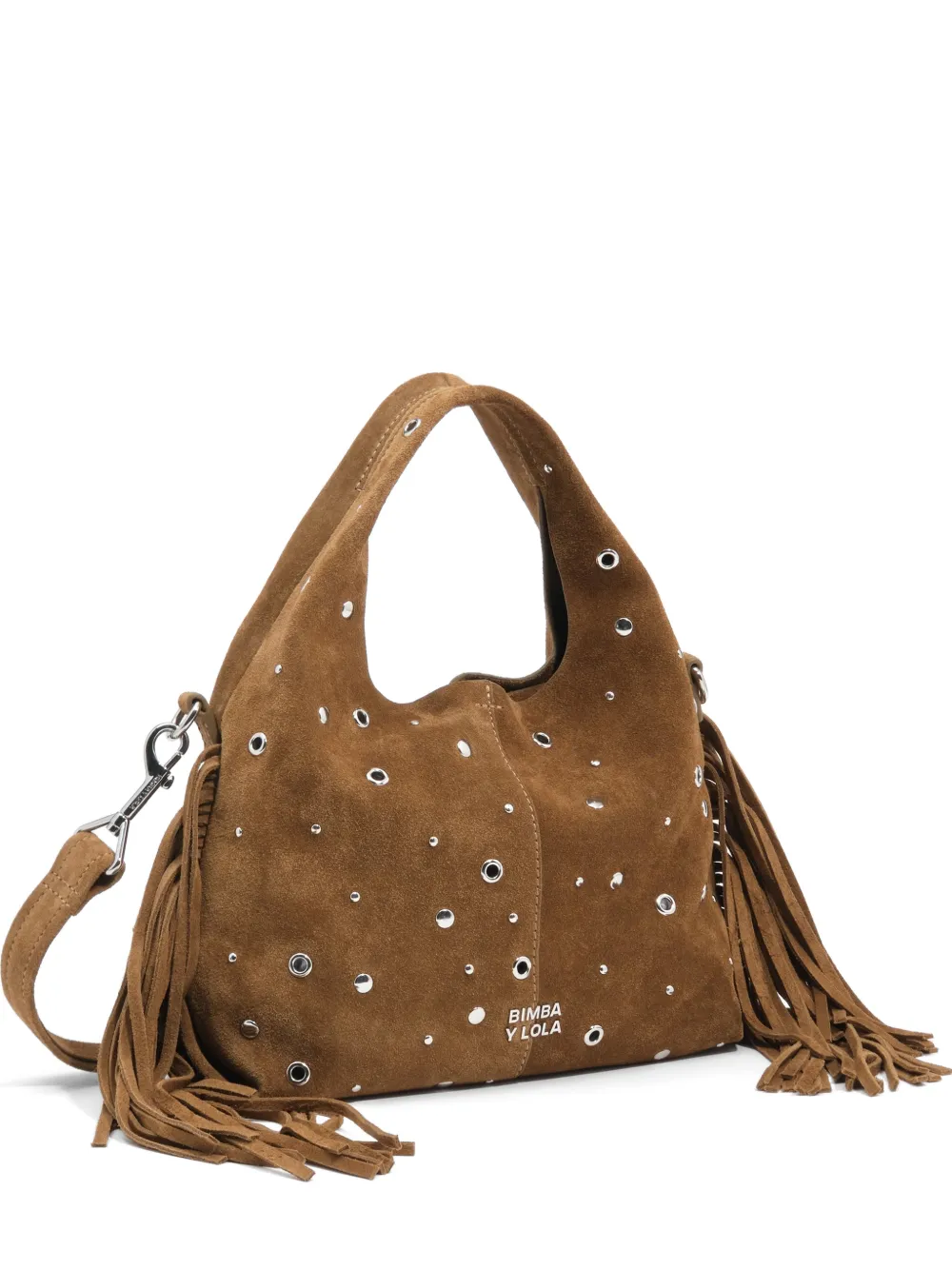 BIMBA Y LOLA Borsa Paper piccola in pelle scamosciata con frange e borchie - Marrone