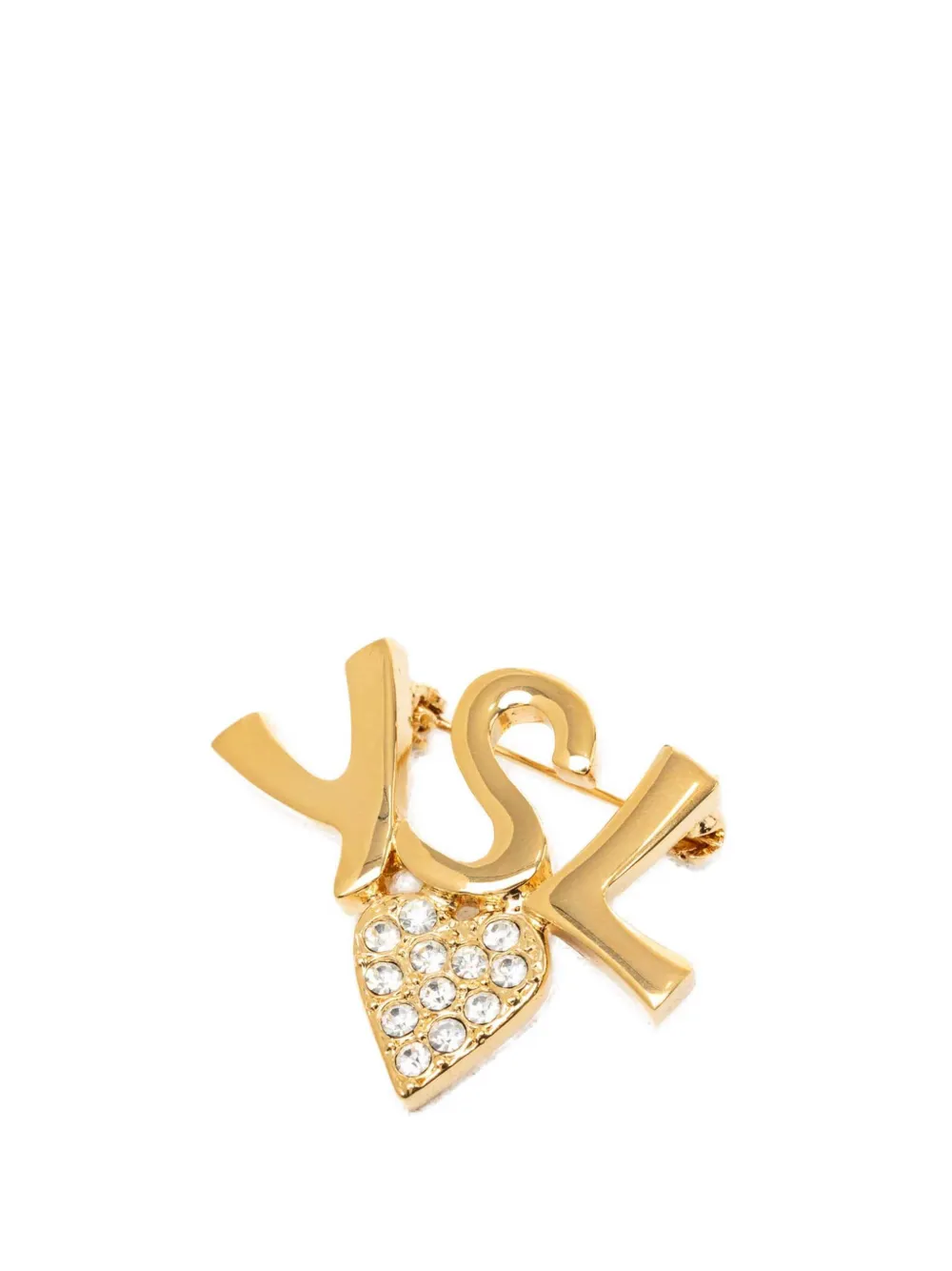 Saint Laurent Pre-Owned broche fantaisie cœur en cristal et logo plaqué or (1990-2000) Saint Laurent Pre-Owned broche fantaisie cœur en cristal et logo plaqué or (1990-2000)