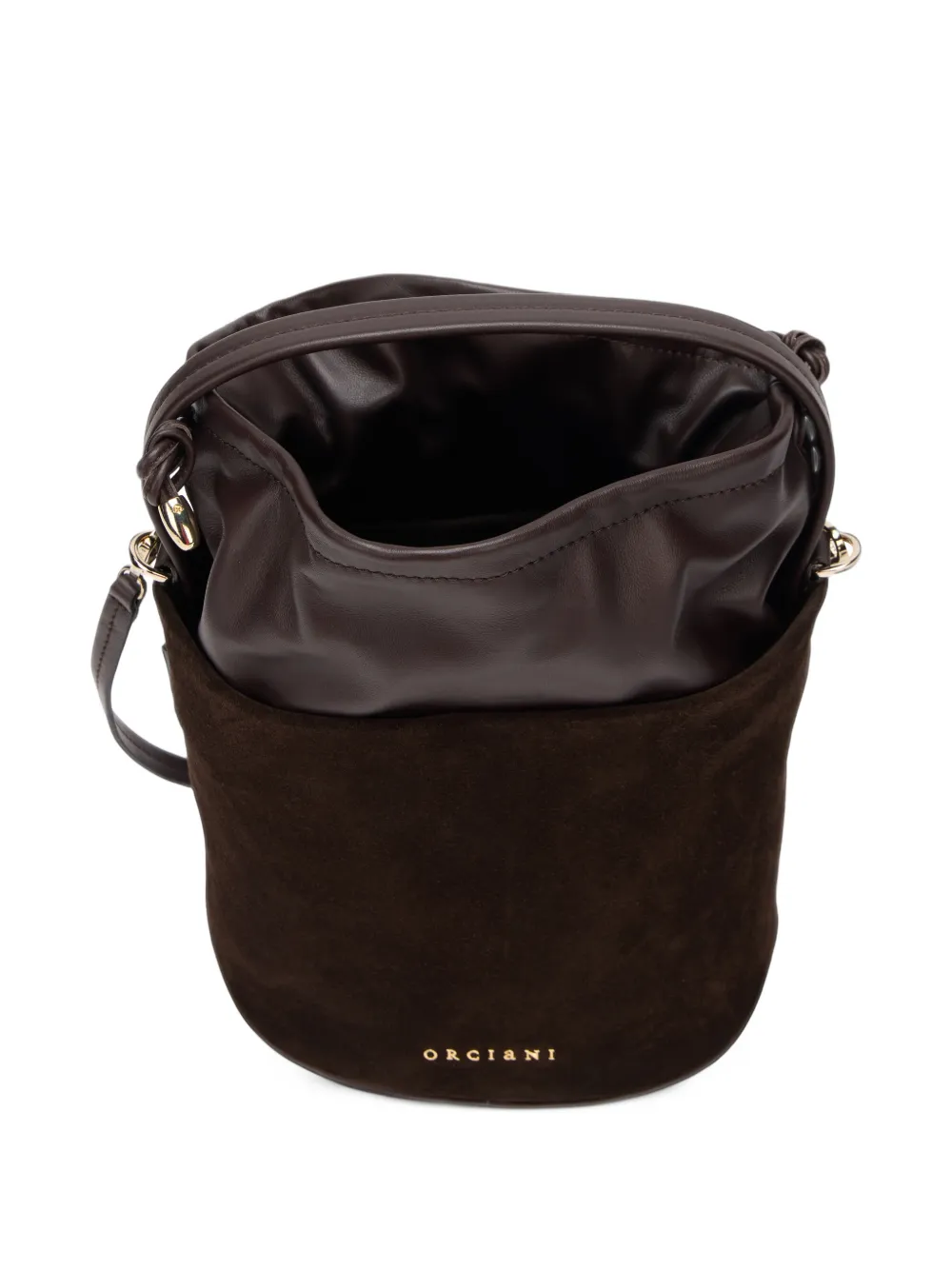 Orciani small Her-O Peach Oro suede bucket bag Bruin