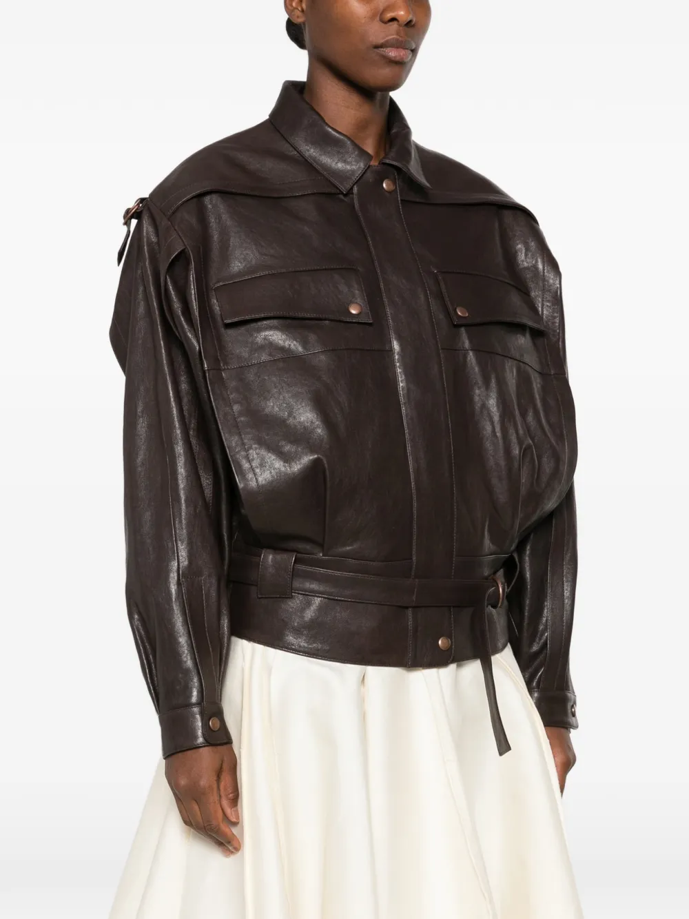 Magda Butrym belted leather jacket Bruin