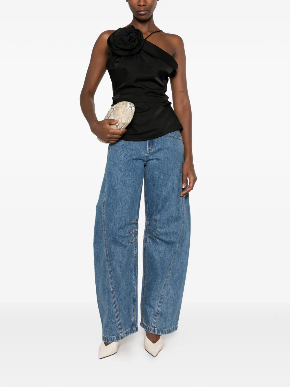 Magda Butrym floral-appliqué draped top Zwart