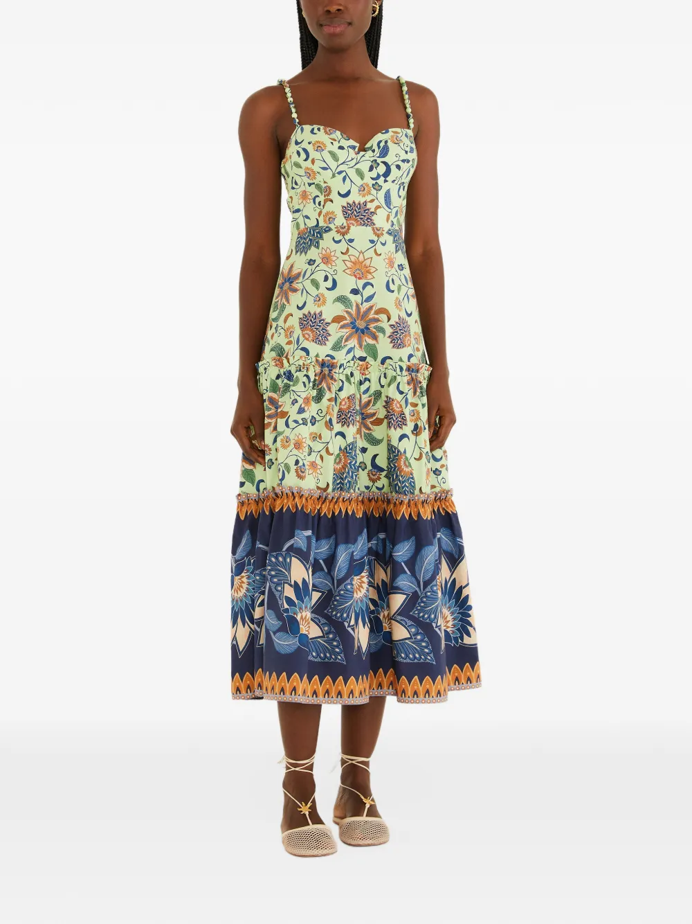 FARM Rio green floral delhi tapestry beaded straps midi dress Groen