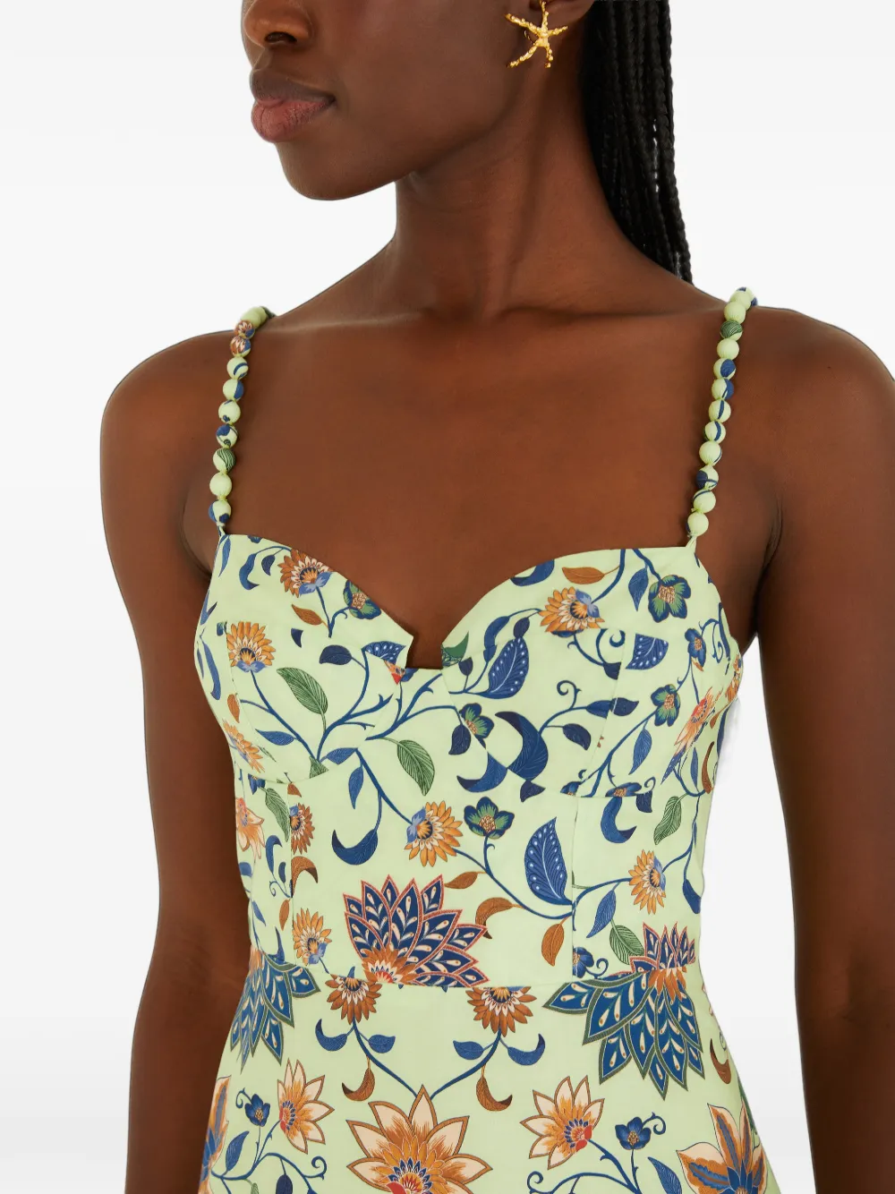 FARM Rio green floral delhi tapestry beaded straps midi dress Groen