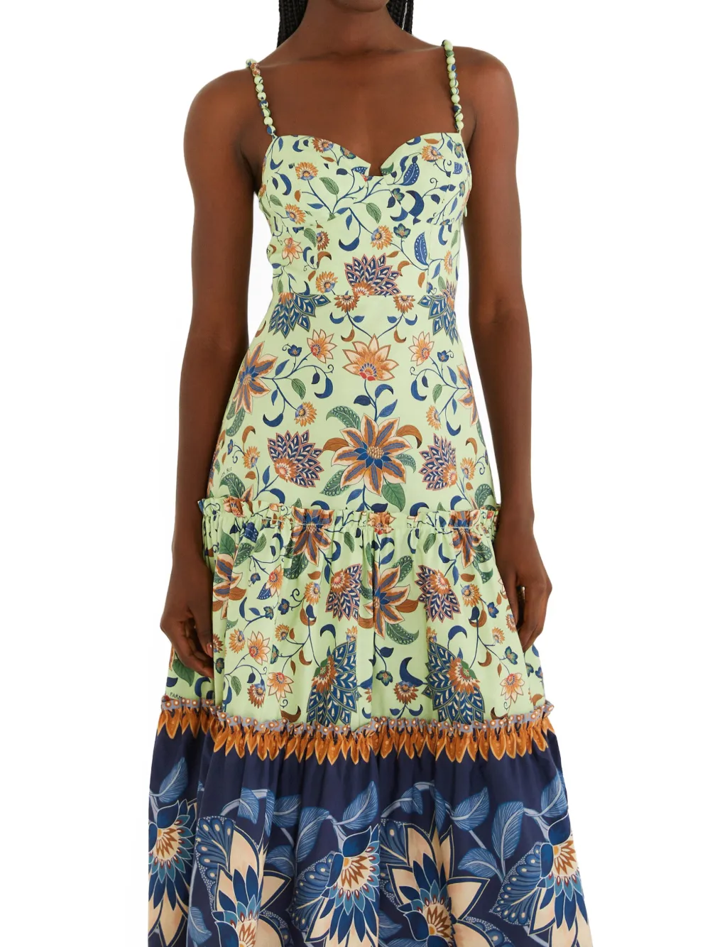 FARM Rio green floral delhi tapestry beaded straps midi dress Groen