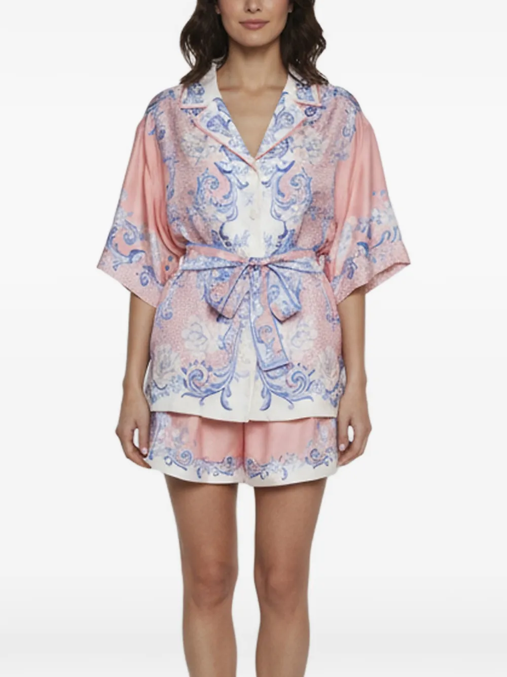 Pre-owned Zimmermann Postcard Floral-print Shirt And Shorts Set In Pink