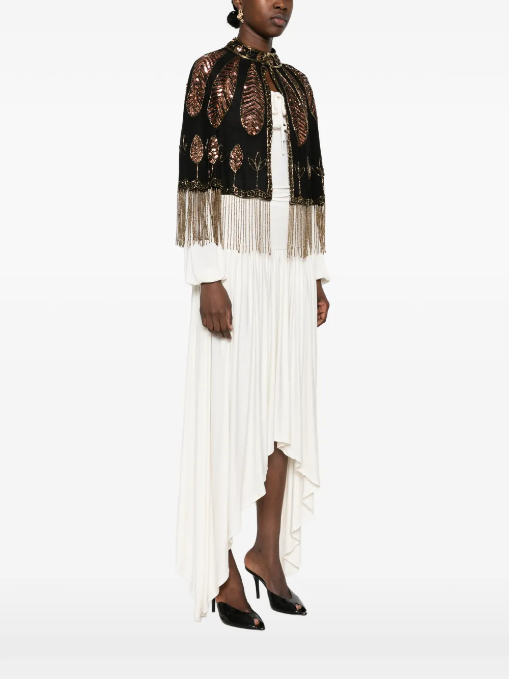 Forte sequin-embellished fringed cape Zwart