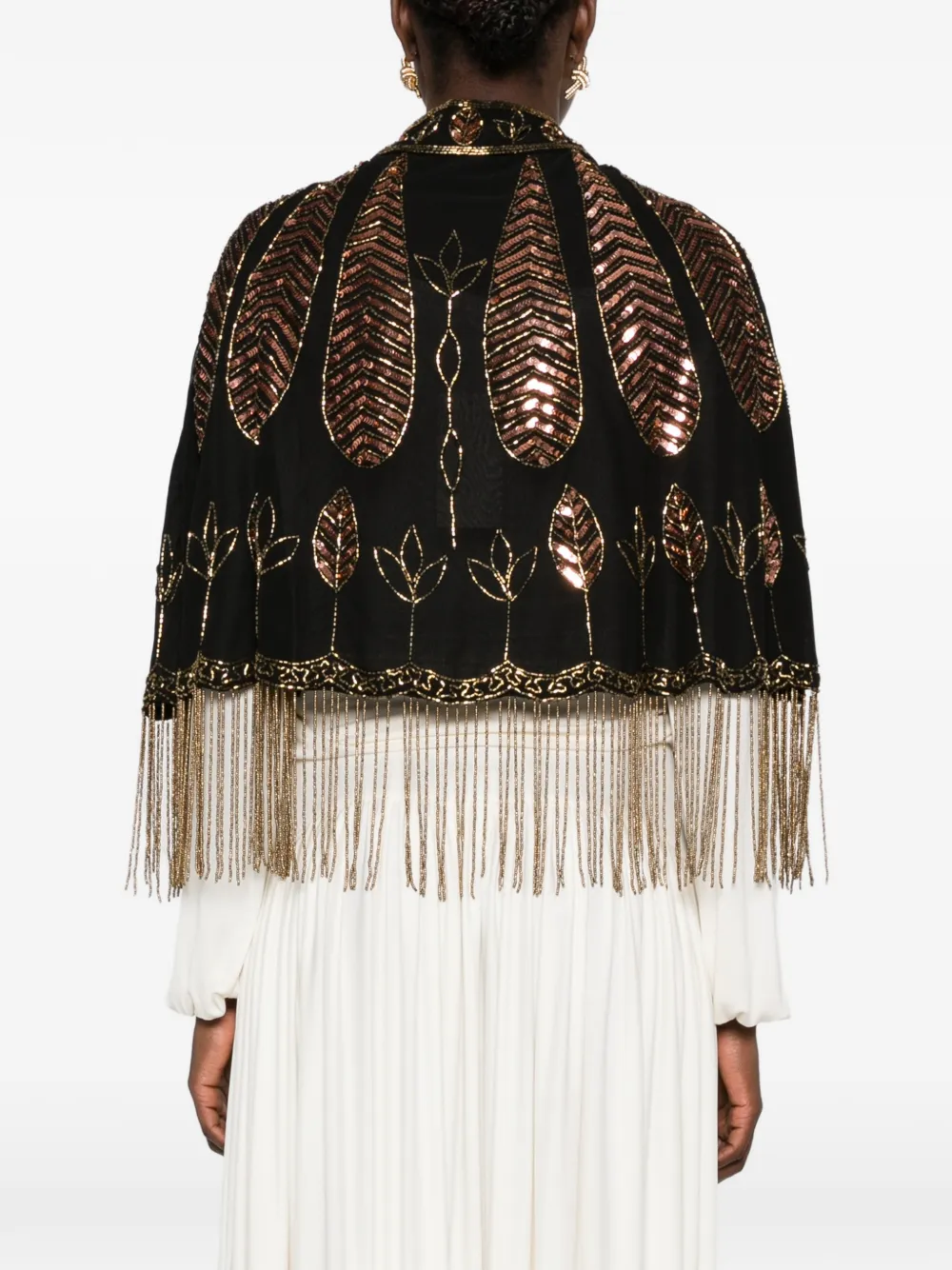 Forte sequin-embellished fringed cape Zwart