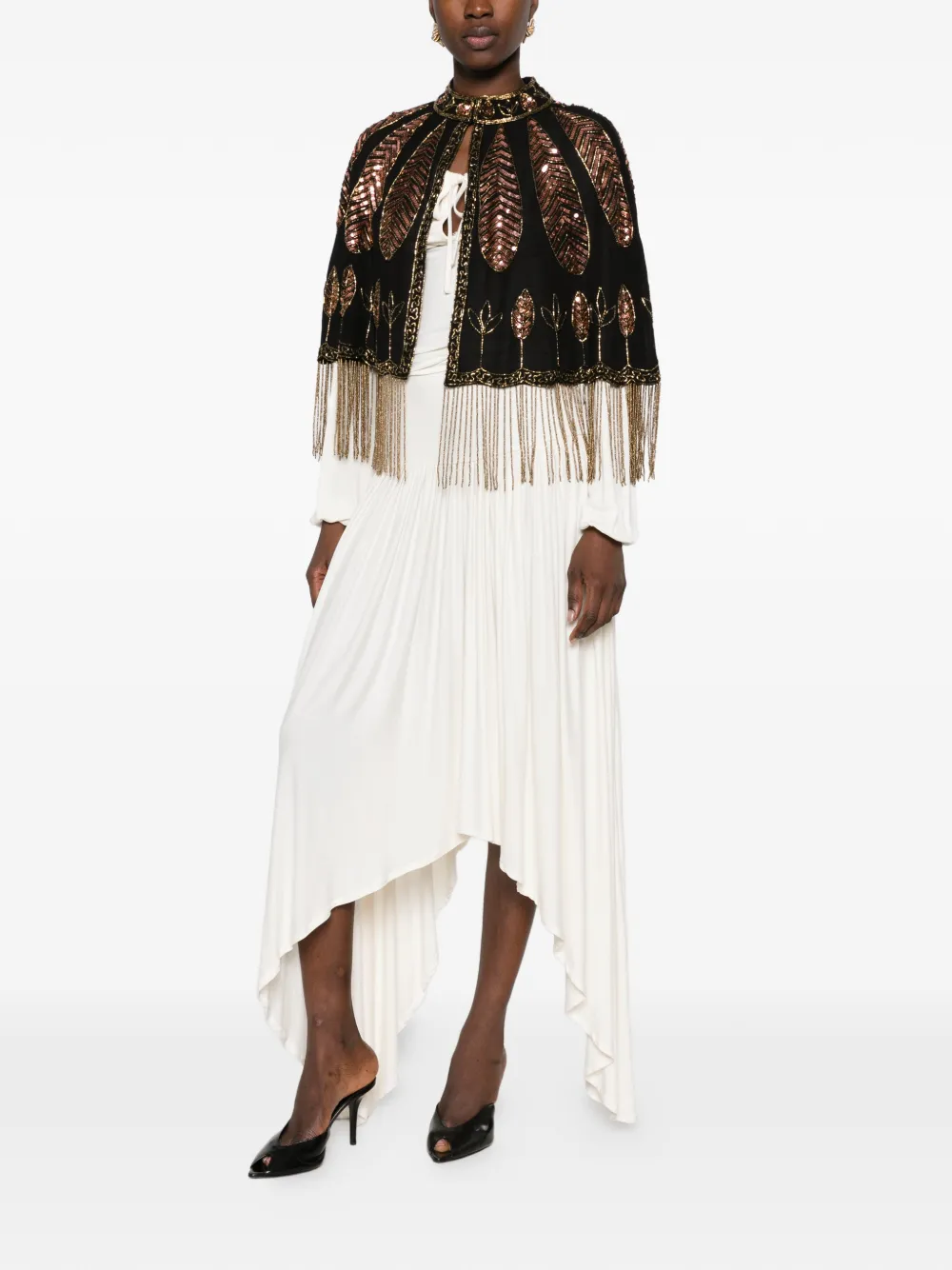 Forte sequin-embellished fringed cape Zwart
