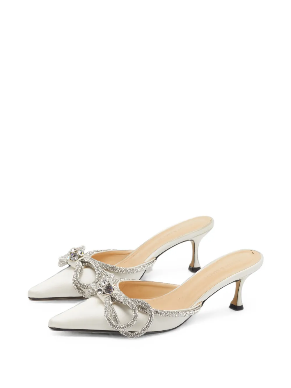 Pre-owned Mach&mach Double Bow Crystal-embellished Mules In White
