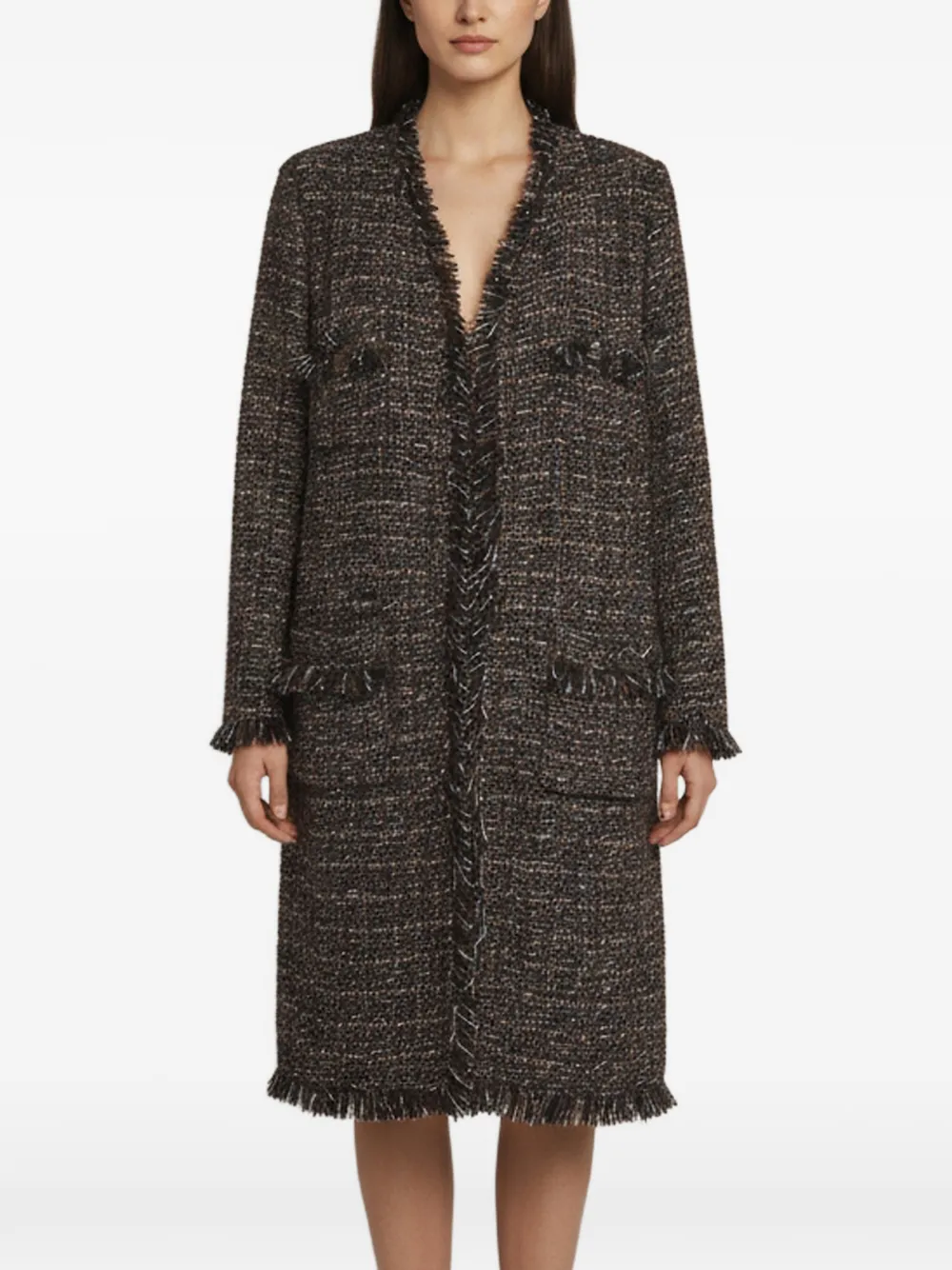 CHANEL Pre-Owned fringed tweed coat - Grigio