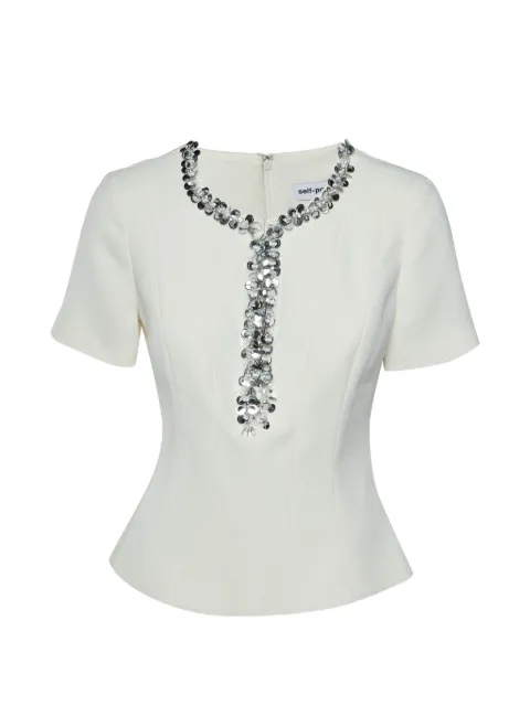 Self-Portrait sequin-embellished plunge-neck short-sleeved blouse