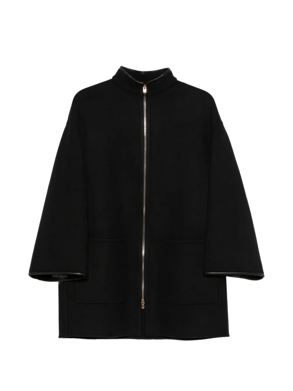 Agnona leather-trim zip-up coat - Black