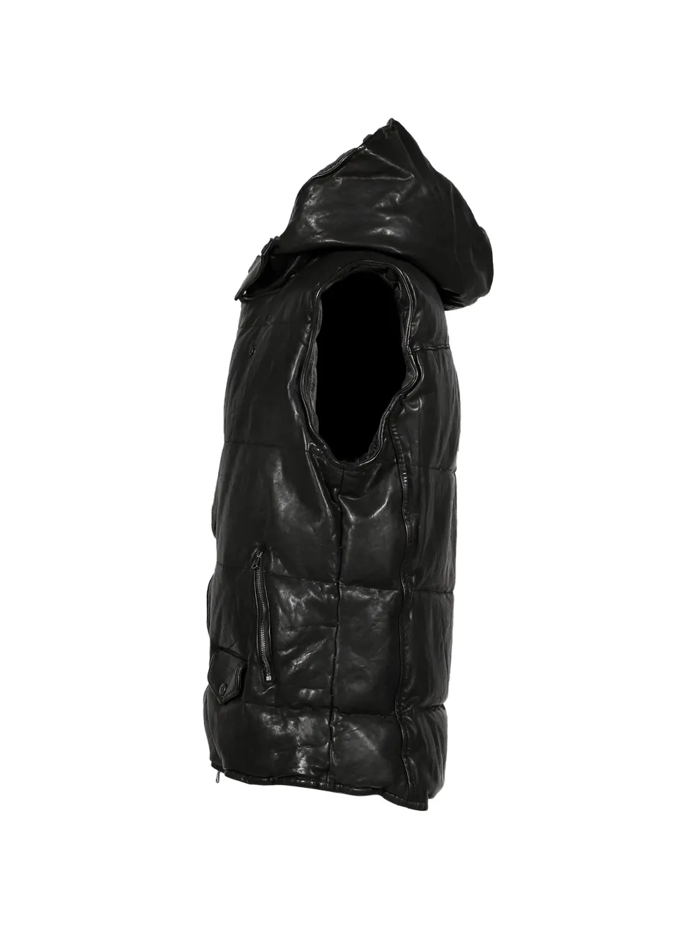 Yohji Yamamoto x Isamu Katayama Backlash leren bodywarmer met capuchon Zwart