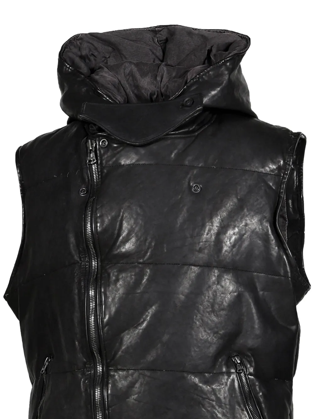Yohji Yamamoto x Isamu Katayama Backlash leren bodywarmer met capuchon Zwart