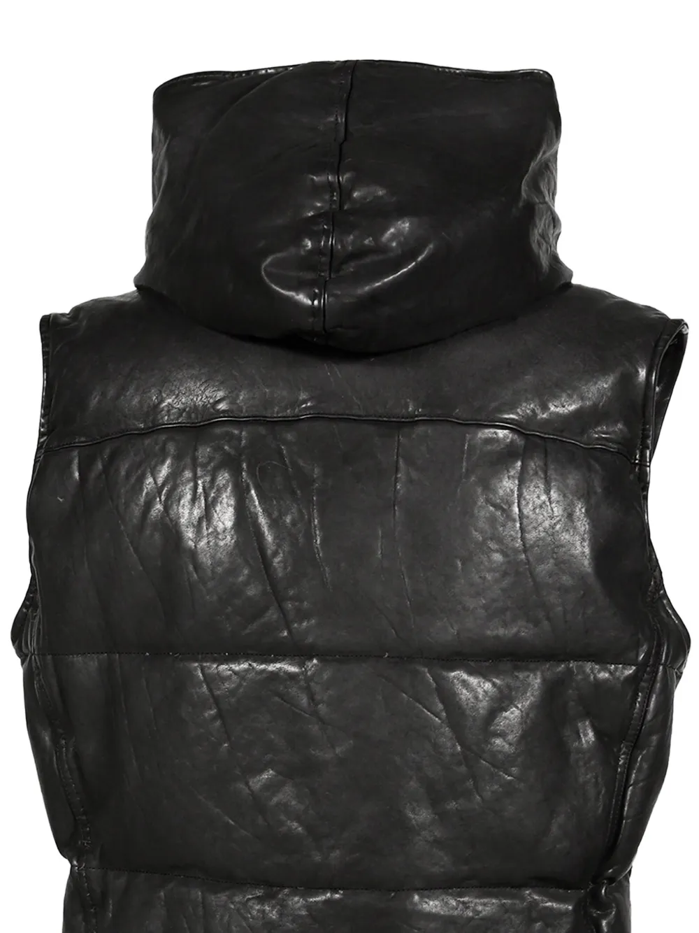 Yohji Yamamoto x Isamu Katayama Backlash leren bodywarmer met capuchon Zwart