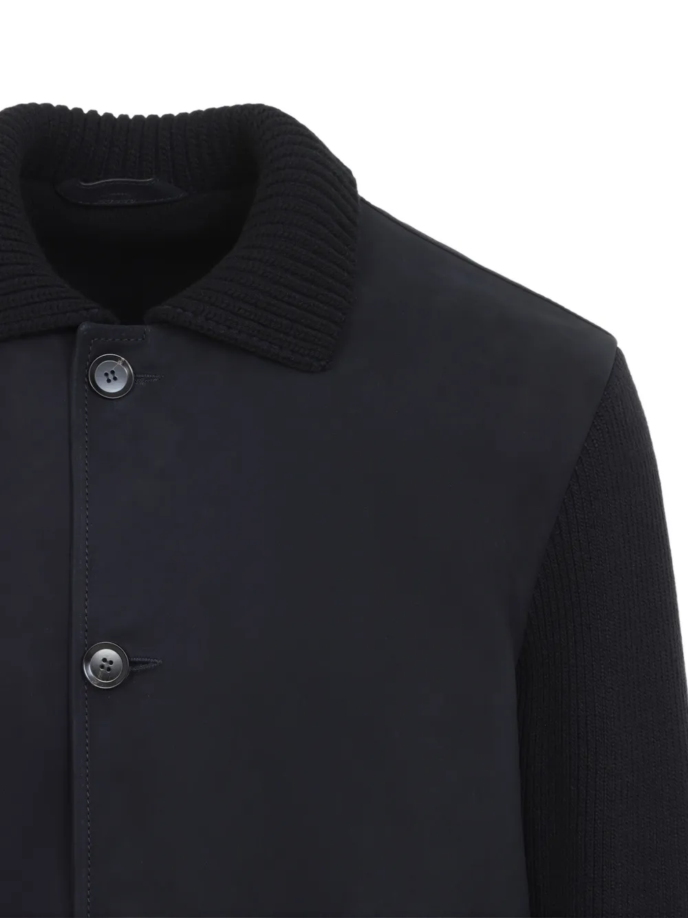 Brioni ribbed-knit panelled leather jacket Blauw