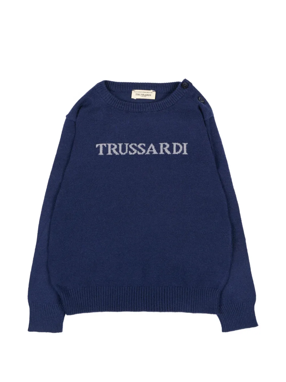 TRUSSARDI JUNIOR pull à logo en intarsia et boutons à l’épaule - Bleu TRUSSARDI JUNIOR pull à logo en intarsia et boutons à l’épaule - Bleu