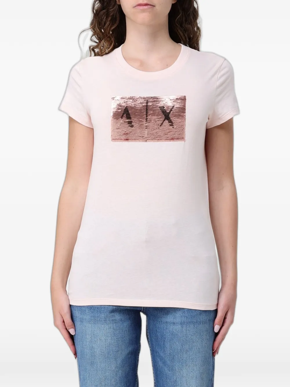 Armani Exchange Sequin-embellished Logo-patch T-shirt In Rosa