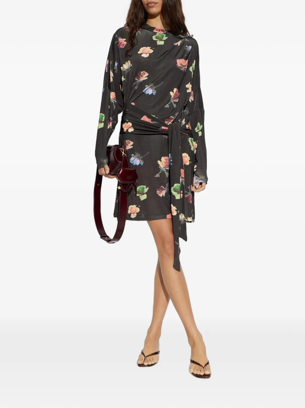 GANNI Mini-jurk met gestrikte taille en bloemen-patroon Zwart