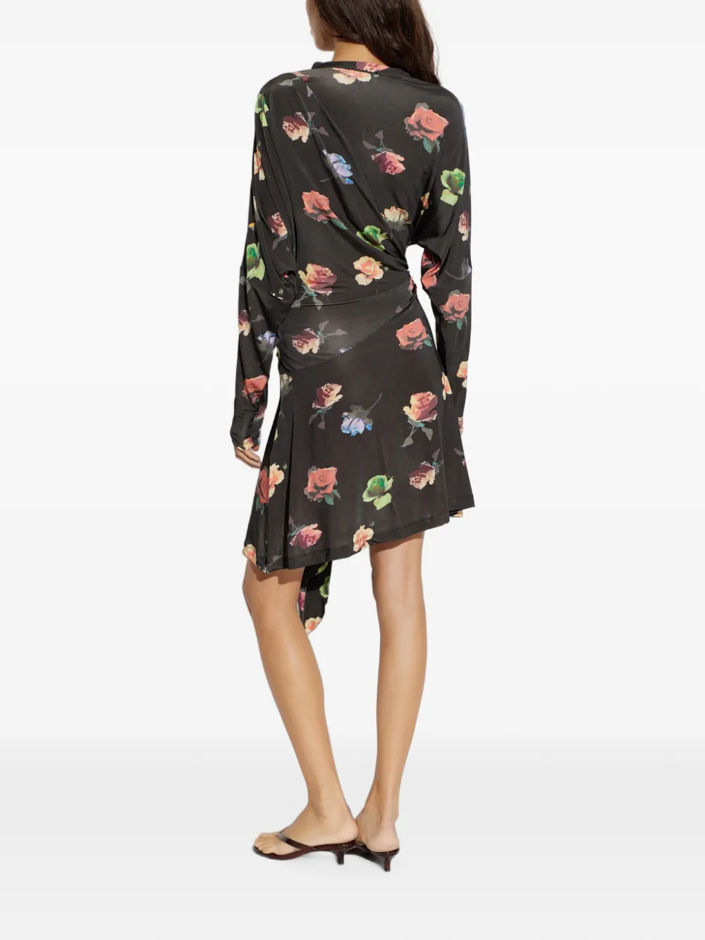 GANNI Mini-jurk met gestrikte taille en bloemen-patroon Zwart