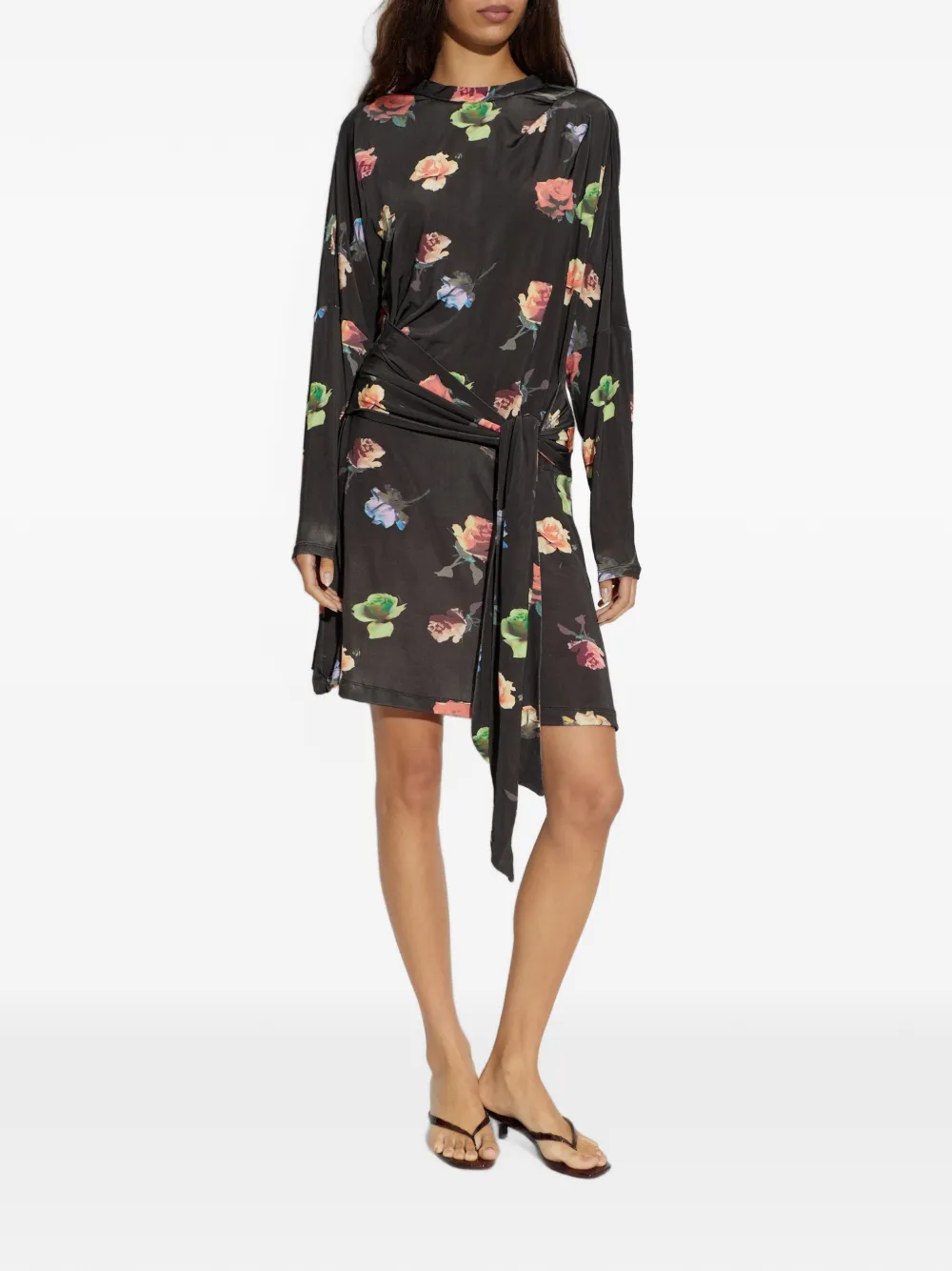 GANNI Mini-jurk met gestrikte taille en bloemen-patroon Zwart